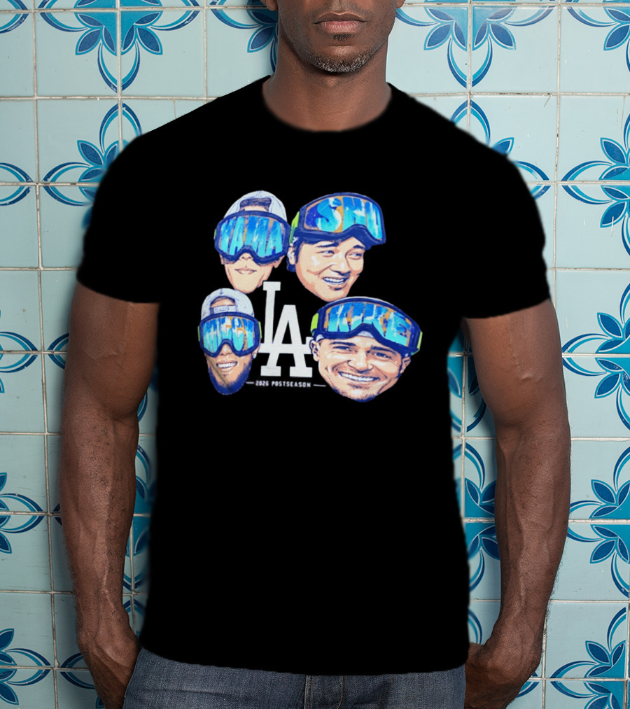 Los Angeles Dodgers 2026 Postseason Big Head LA Goggles MAMA SMILE MIKE T-Shirt
