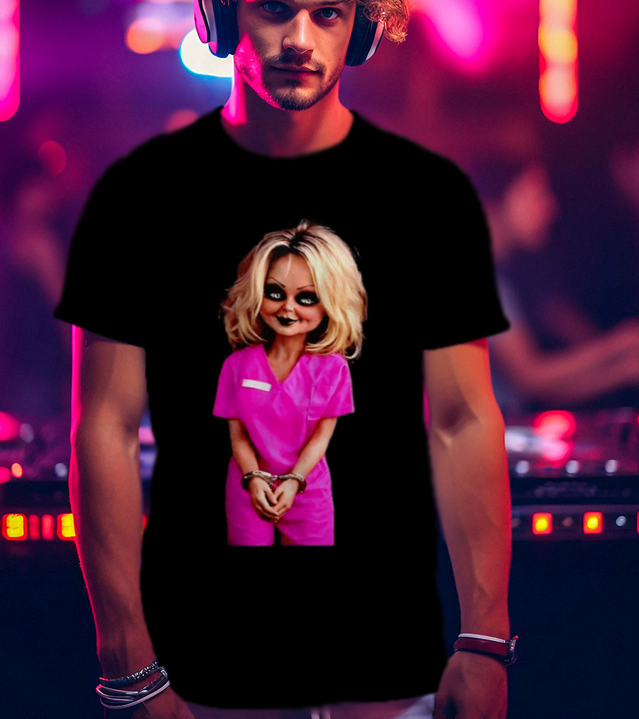 Tiffany Valentine Chucky Doll Pink Prison Uniform Halloween Costume T-Shirt