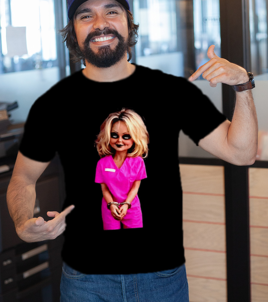 Tiffany Valentine Chucky Doll Pink Prison Uniform Halloween Costume T-Shirt