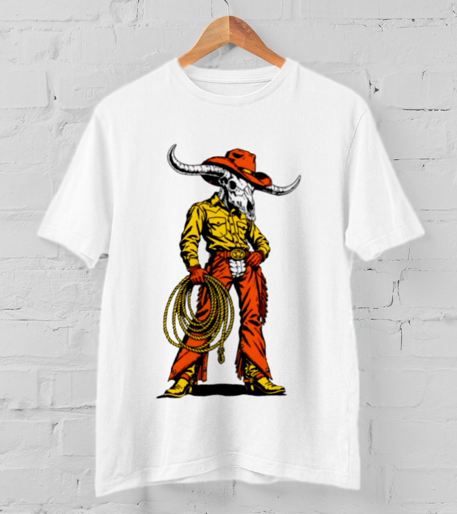 Cowboy Bull Skull With Roping Lasso Western Rodeo Skeleton T-Shirt