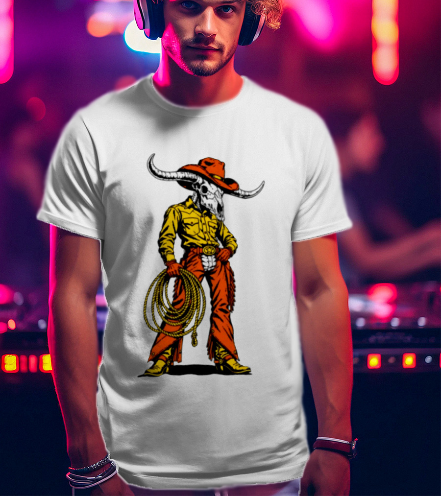 Cowboy Bull Skull With Roping Lasso Western Rodeo Skeleton T-Shirt