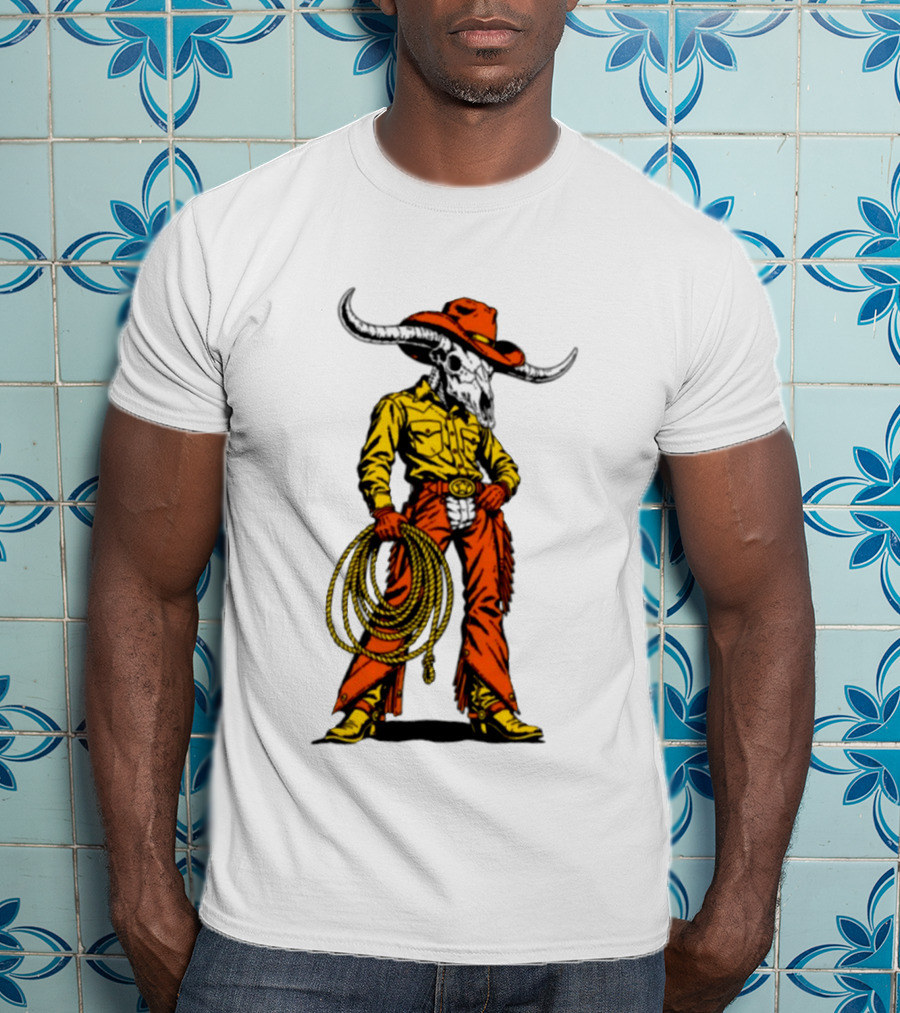 Cowboy Bull Skull With Roping Lasso Western Rodeo Skeleton T-Shirt