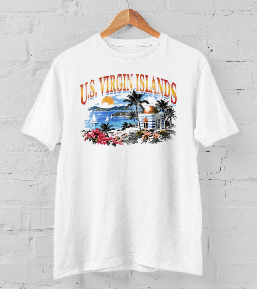 U.S. Virgin Islands Sunset Beach Scene With Palm Trees And Lighthouse T-Shirt