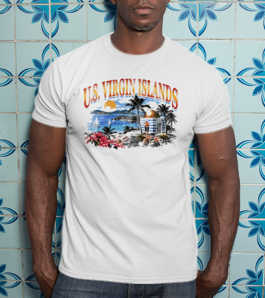U.S. Virgin Islands Sunset Beach Scene With Palm Trees And Lighthouse T-Shirt