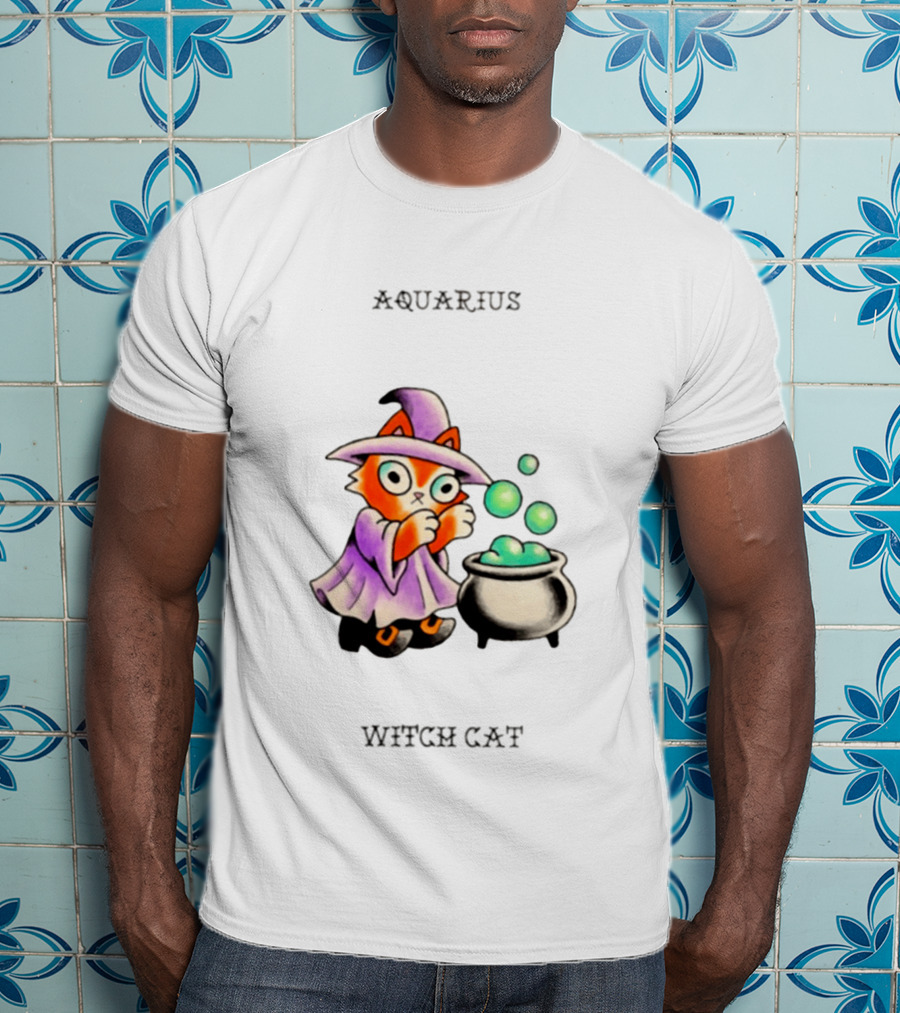 Aquarius Witch Cat Zodiac Astrology Magic Cauldron T-Shirt