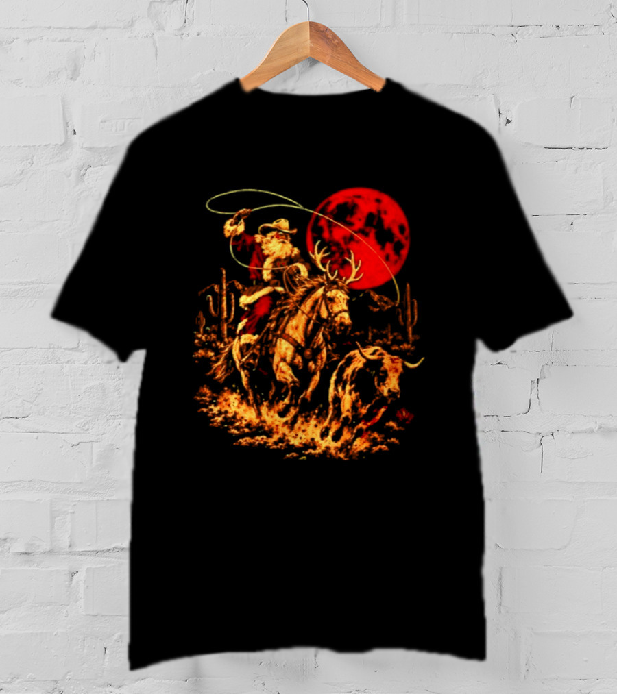 Cowboy Santa Christmas 2026 Holiday Western Rodeo Reindeer Cactus Desert Scene T-Shirt