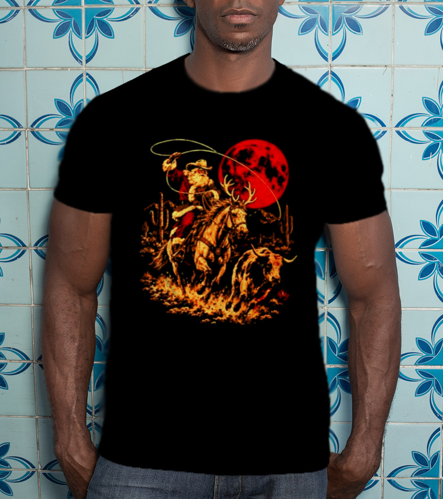Cowboy Santa Christmas 2026 Holiday Western Rodeo Reindeer Cactus Desert Scene T-Shirt