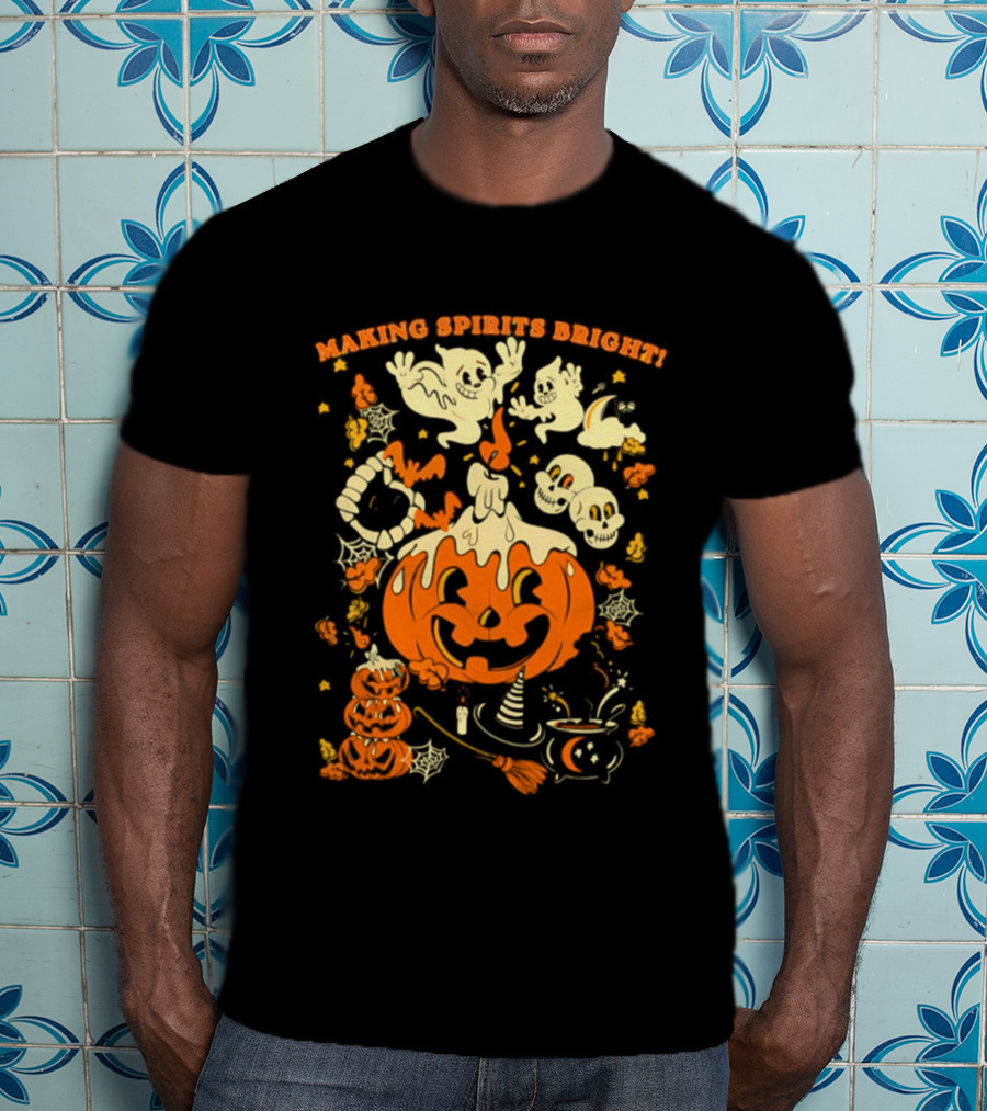 Making Spirits Bright Halloween Pumpkin Ghost Skull T-Shirt