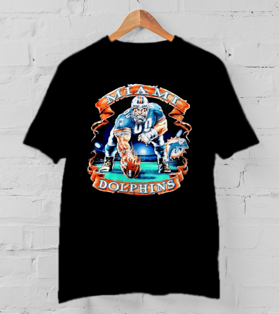 Miami Dolphins Big Man On Football Field With Flame Ball T-Shirt