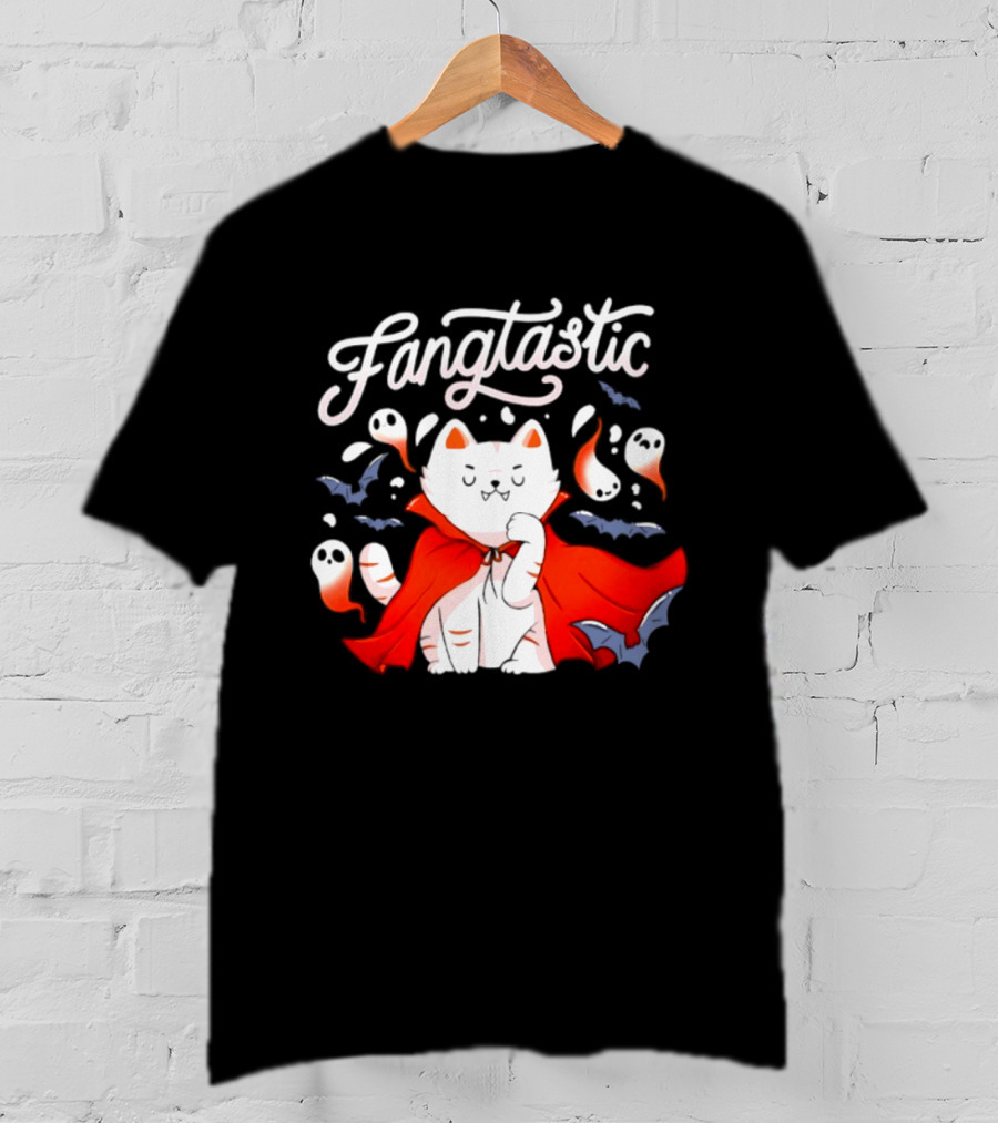 Fangtastic Vampire Cat With Ghosts And Bats Halloween 2026 T-Shirt