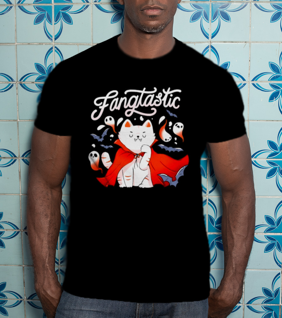 Fangtastic Vampire Cat With Ghosts And Bats Halloween 2026 T-Shirt
