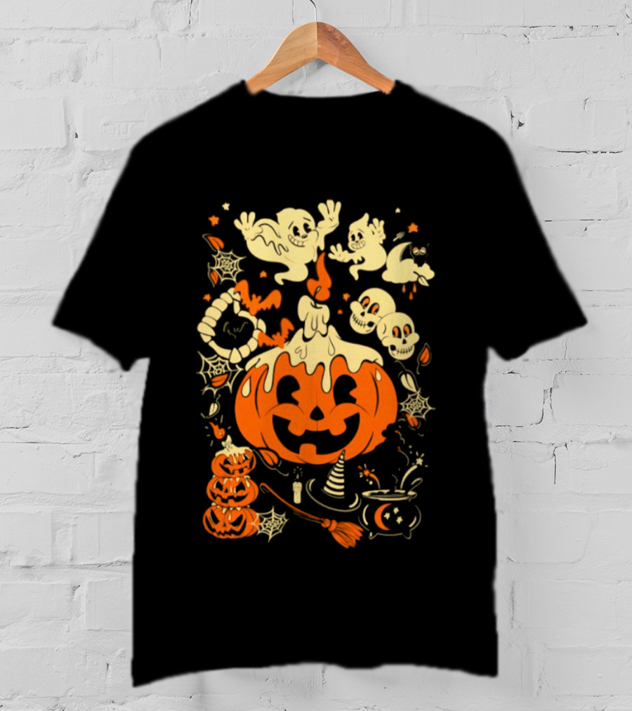 Halloween Pumpkin Ghost Skull Witch Hat Cauldron Spooky Bat T-Shirt