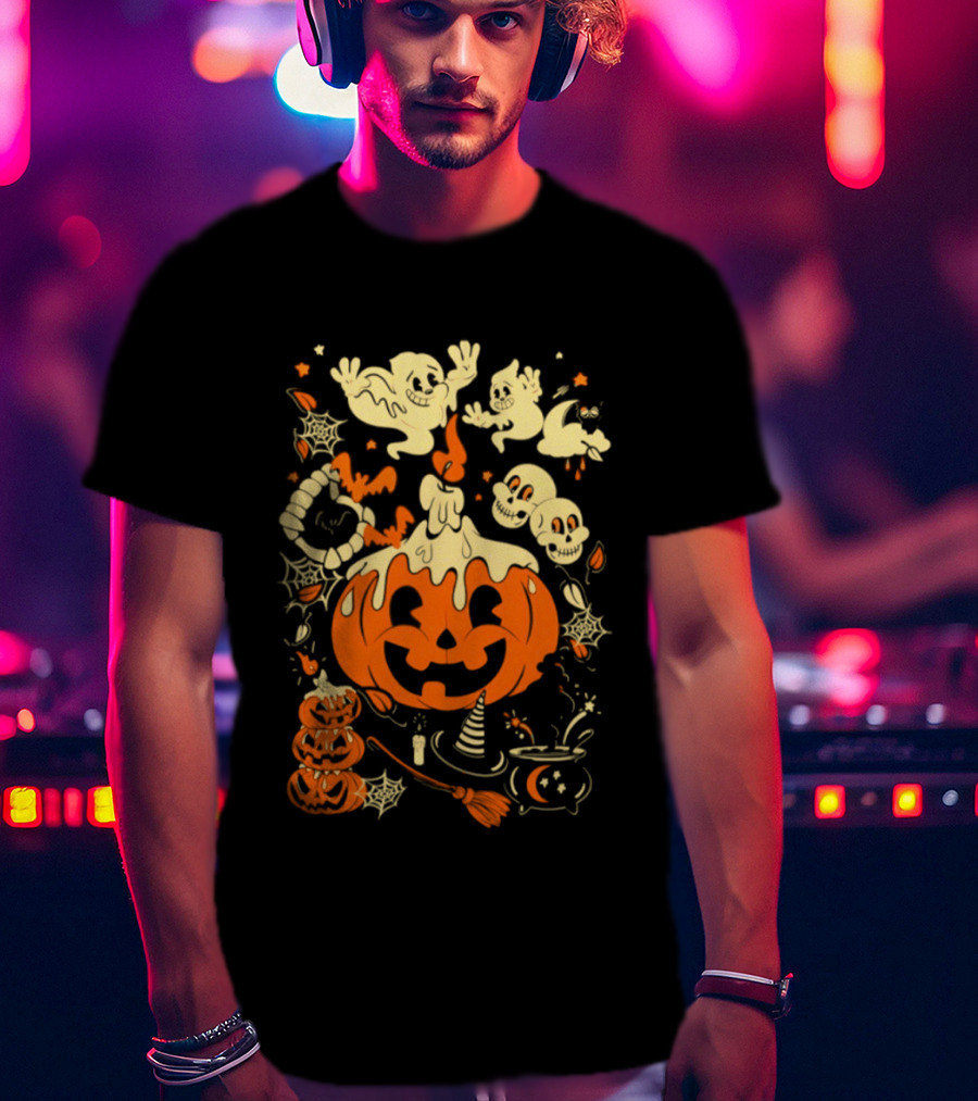 Halloween Pumpkin Ghost Skull Witch Hat Cauldron Spooky Bat T-Shirt