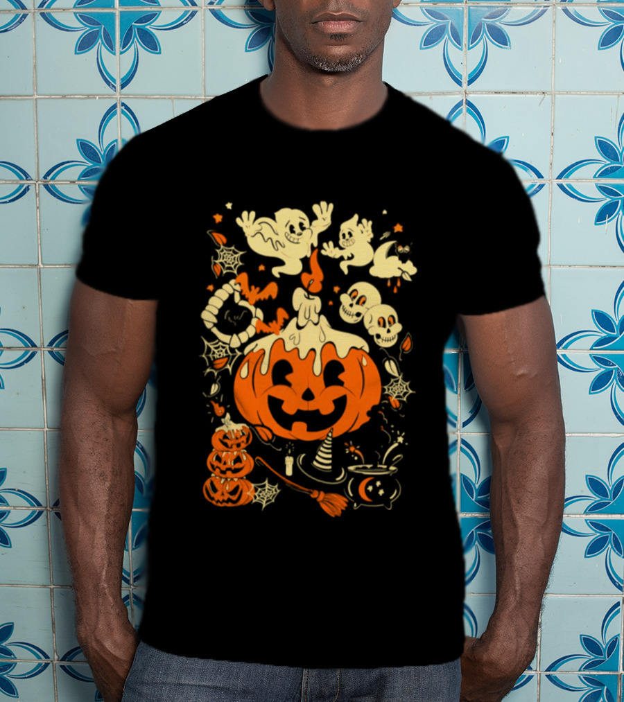 Halloween Pumpkin Ghost Skull Witch Hat Cauldron Spooky Bat T-Shirt