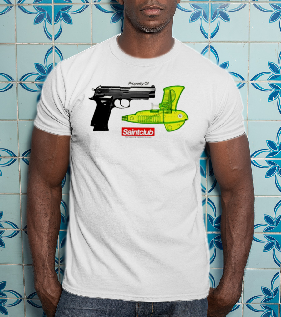 Pistol Property Saintclub Worldwide Service 2026 Black And Green Water Guns T-Shirt