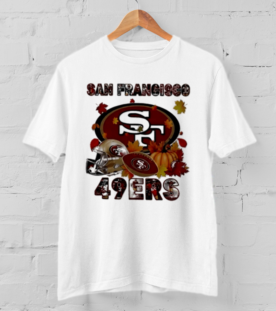 San Francisco 49ers Autumn 2026 Football Helmet And Pumpkin Leaves T-Shirt
