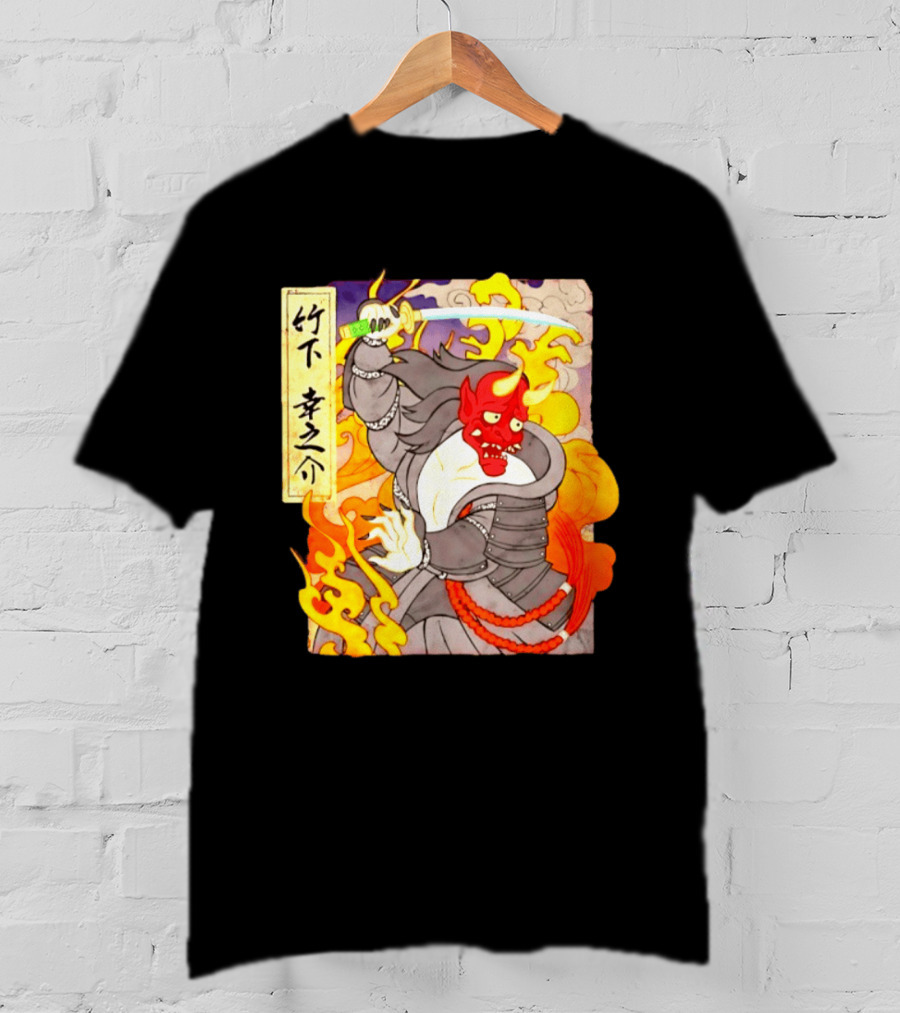 Konosuke Takeshita Demon Samurai AEW Collaboration With Japanese Inspired Flames And Sword T-Shirt