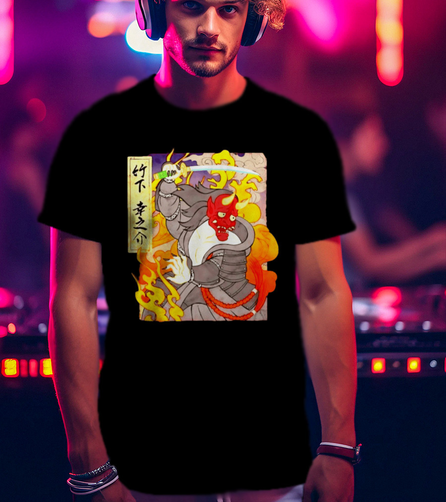 Konosuke Takeshita Demon Samurai AEW Collaboration With Japanese Inspired Flames And Sword T-Shirt