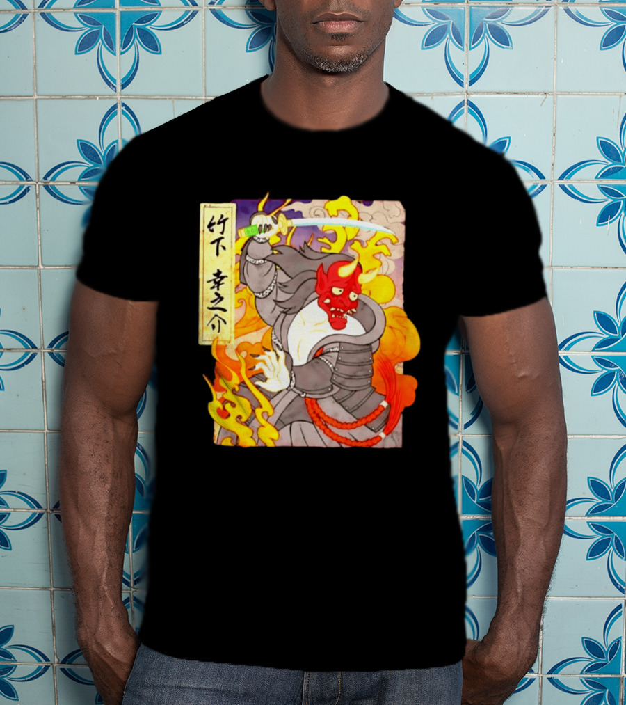 Konosuke Takeshita Demon Samurai AEW Collaboration With Japanese Inspired Flames And Sword T-Shirt