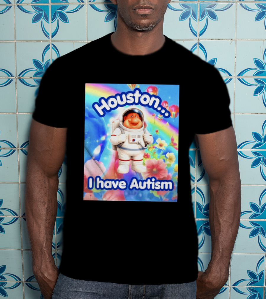 Houston I Have Autism Rainbow Astronaut Balloons And Flowers T-Shirt
