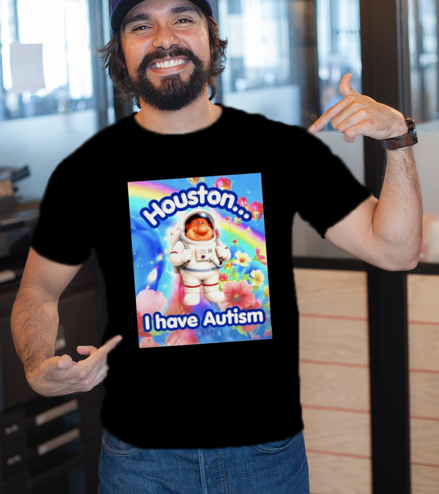 Houston I Have Autism Rainbow Astronaut Balloons And Flowers T-Shirt