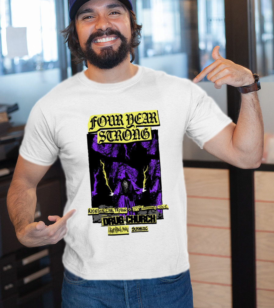 Four Year Strong Rise Or Die Trying 25th Anniversary Tour Drug Church Heart Attack Man Save Face Purple Cloaked Figure T-Shirt
