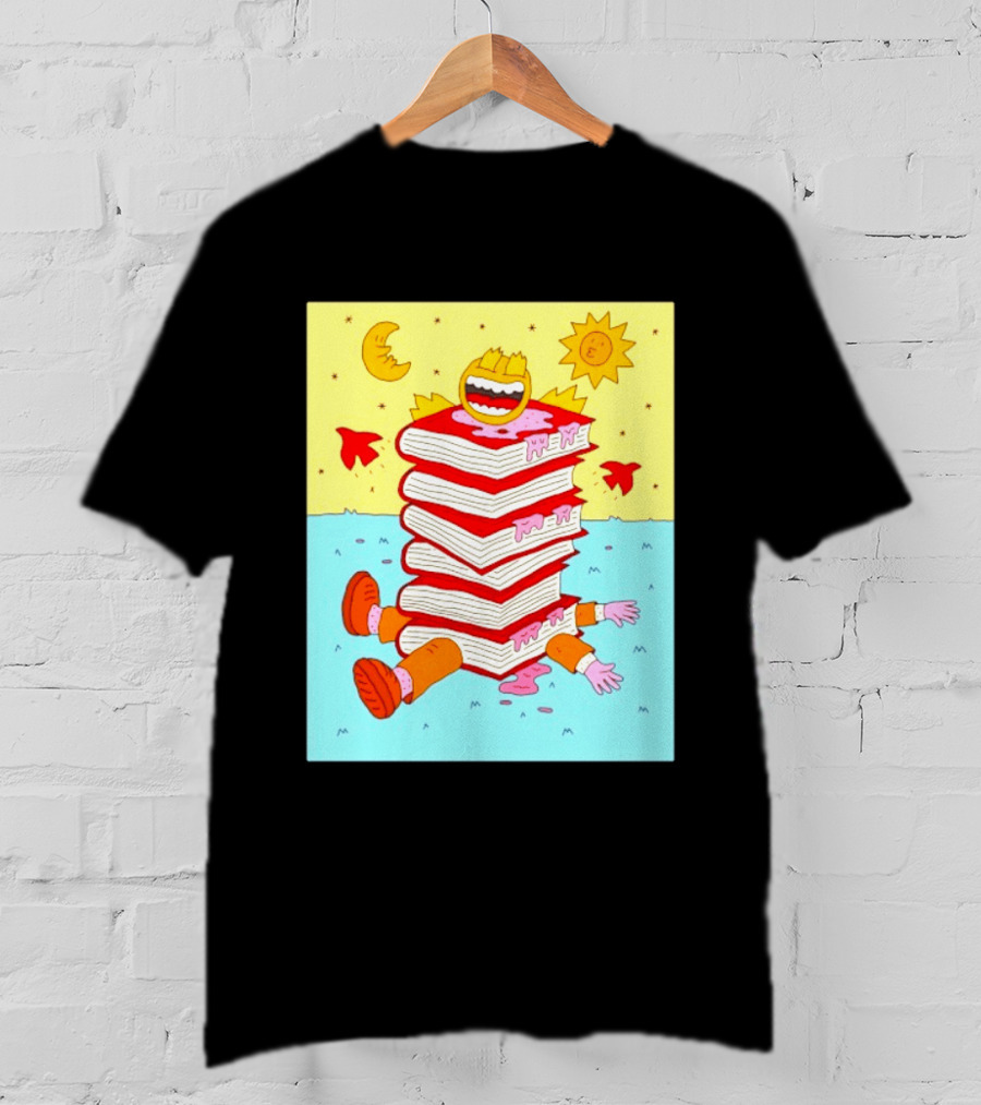 Smiling Face Moon Sun Birds Stack Of Books Reading T-Shirt