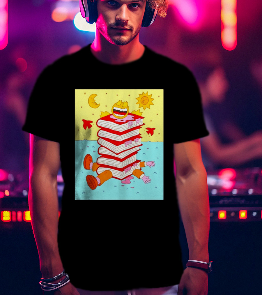 Smiling Face Moon Sun Birds Stack Of Books Reading T-Shirt
