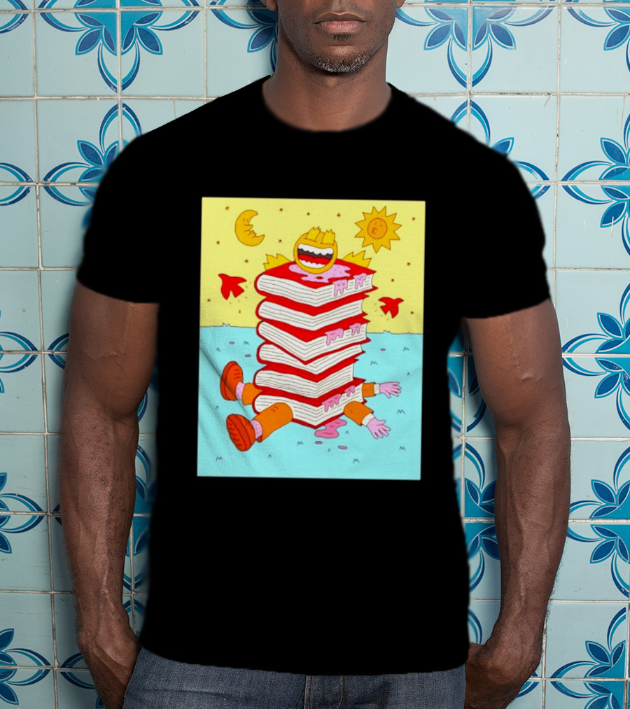 Smiling Face Moon Sun Birds Stack Of Books Reading T-Shirt