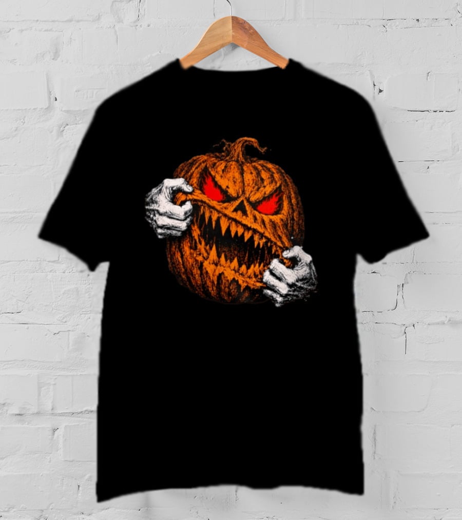 Halloween 2026 Evil Pumpkin Glowing Eyes Sharp Teeth Grinning Horror T-Shirt