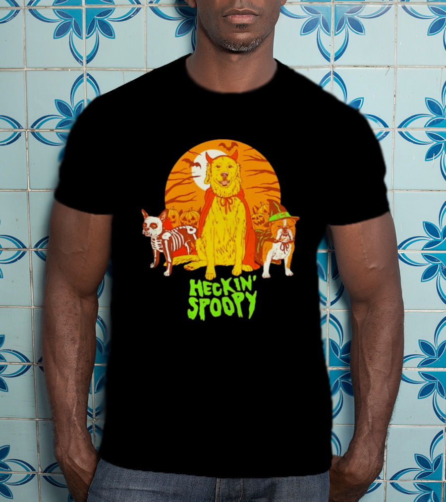 Heckin' Spoopy Dogs Halloween Golden Retriever Skeleton Costume Pumpkin Moon T-Shirt