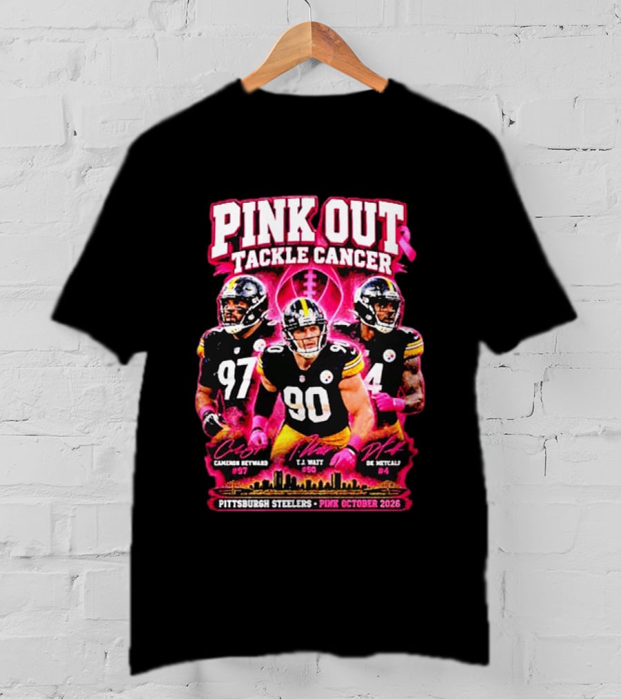 Pittsburgh Steelers Pink Out Tackle Cancer October 2026 Player Signatures Heyward Watt Fitzpatrick T-Shirt