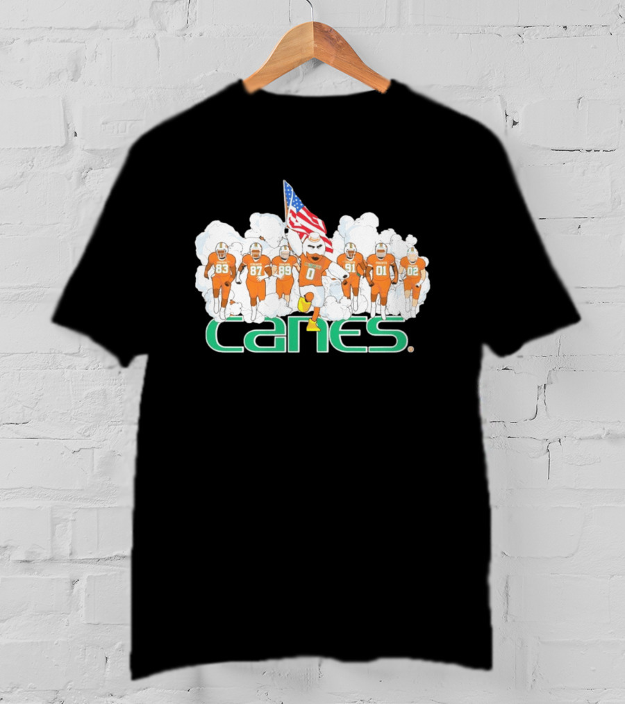 Miami Hurricanes Canes Running Through Smoke With American Flag Players 83 87 89 91 01 02 T-Shirt