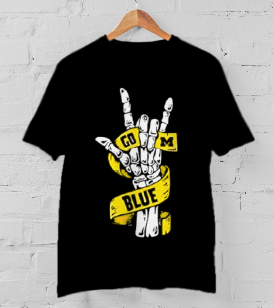 Michigan Wolverines Go Blue Skeleton Hand ILY Gesture T-Shirt