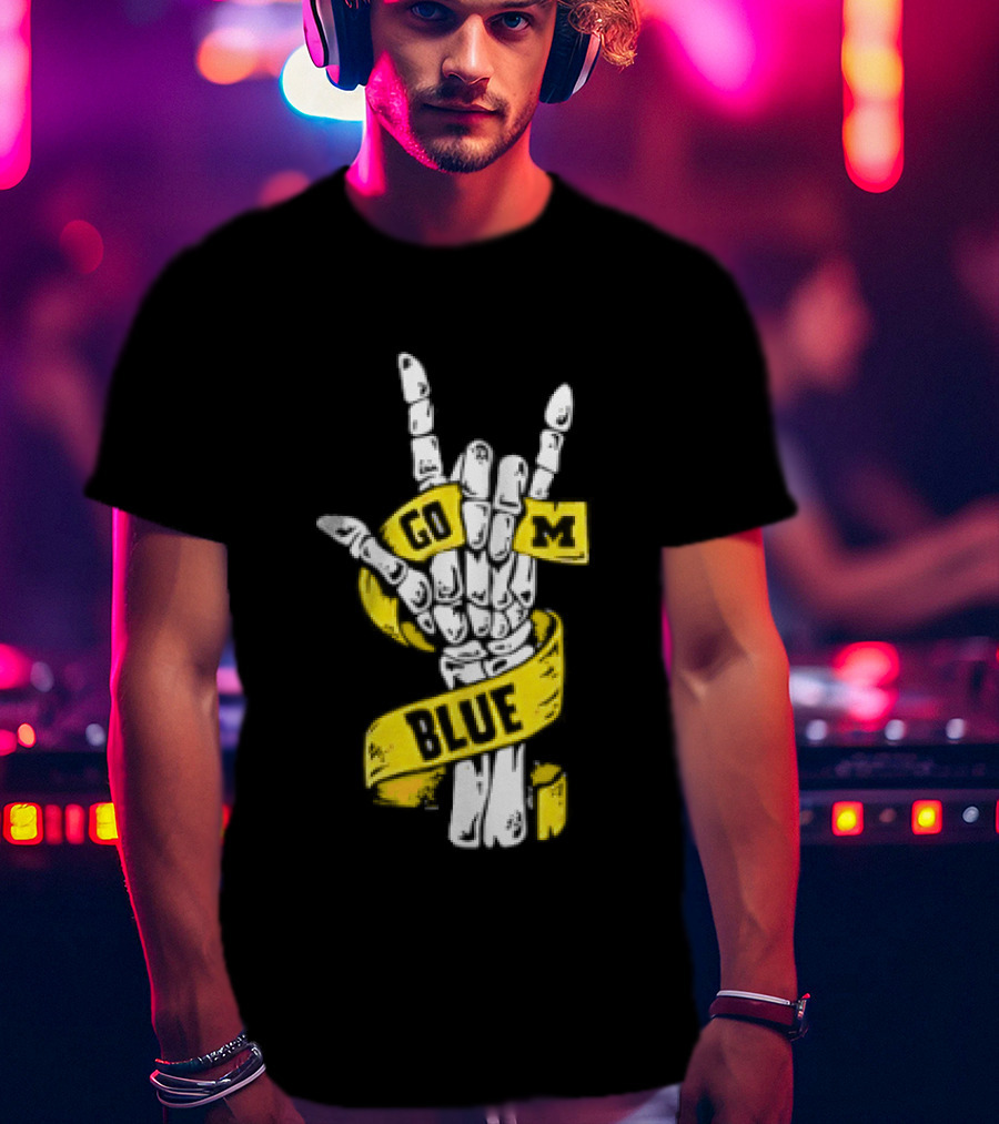 Michigan Wolverines Go Blue Skeleton Hand ILY Gesture T-Shirt