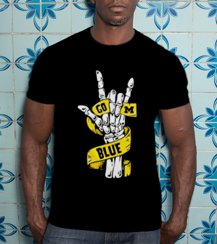 Michigan Wolverines Go Blue Skeleton Hand ILY Gesture T-Shirt