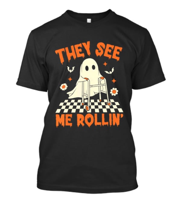 They See Me Rollin' Halloween Ghost Checkerboard Spooky Bats T-Shirt