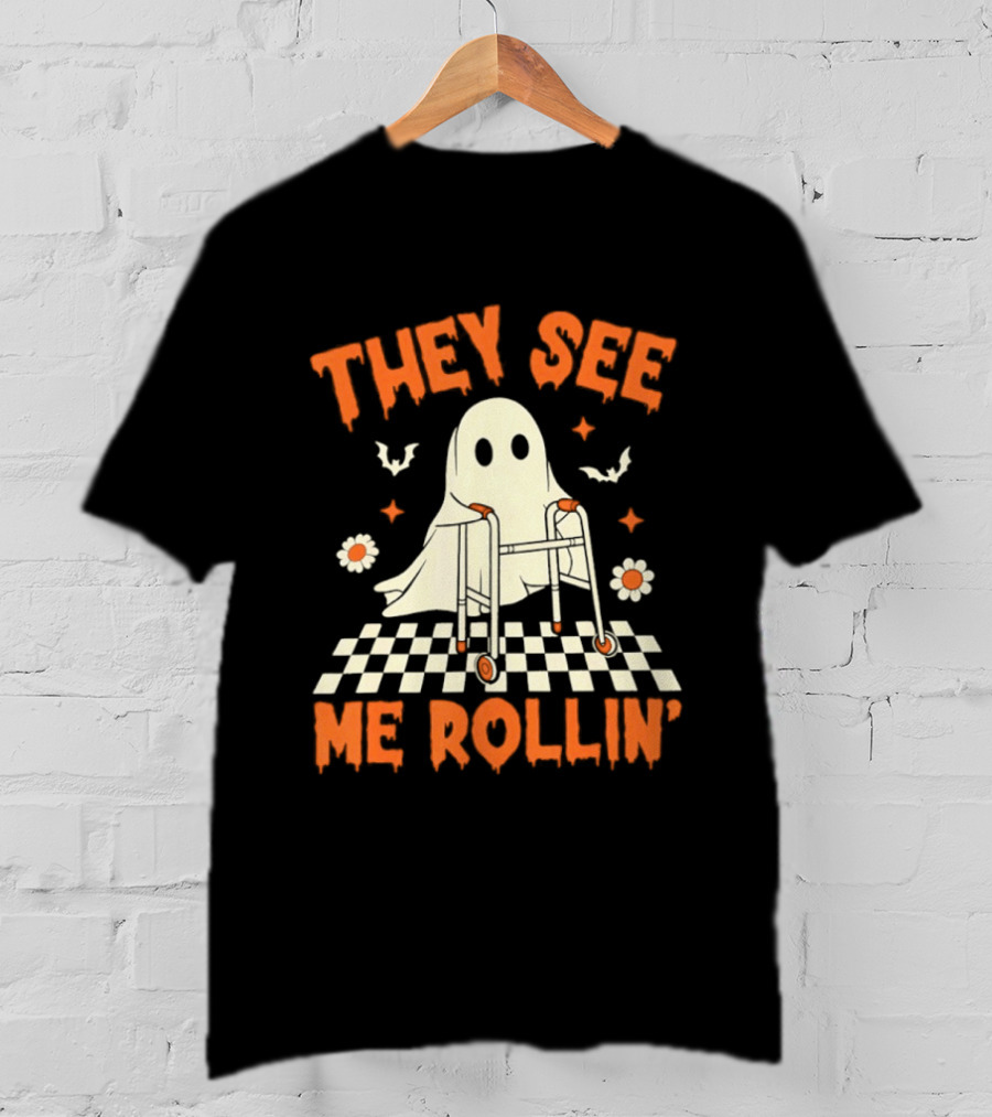 They See Me Rollin' Halloween Ghost Checkerboard Spooky Bats T-Shirt