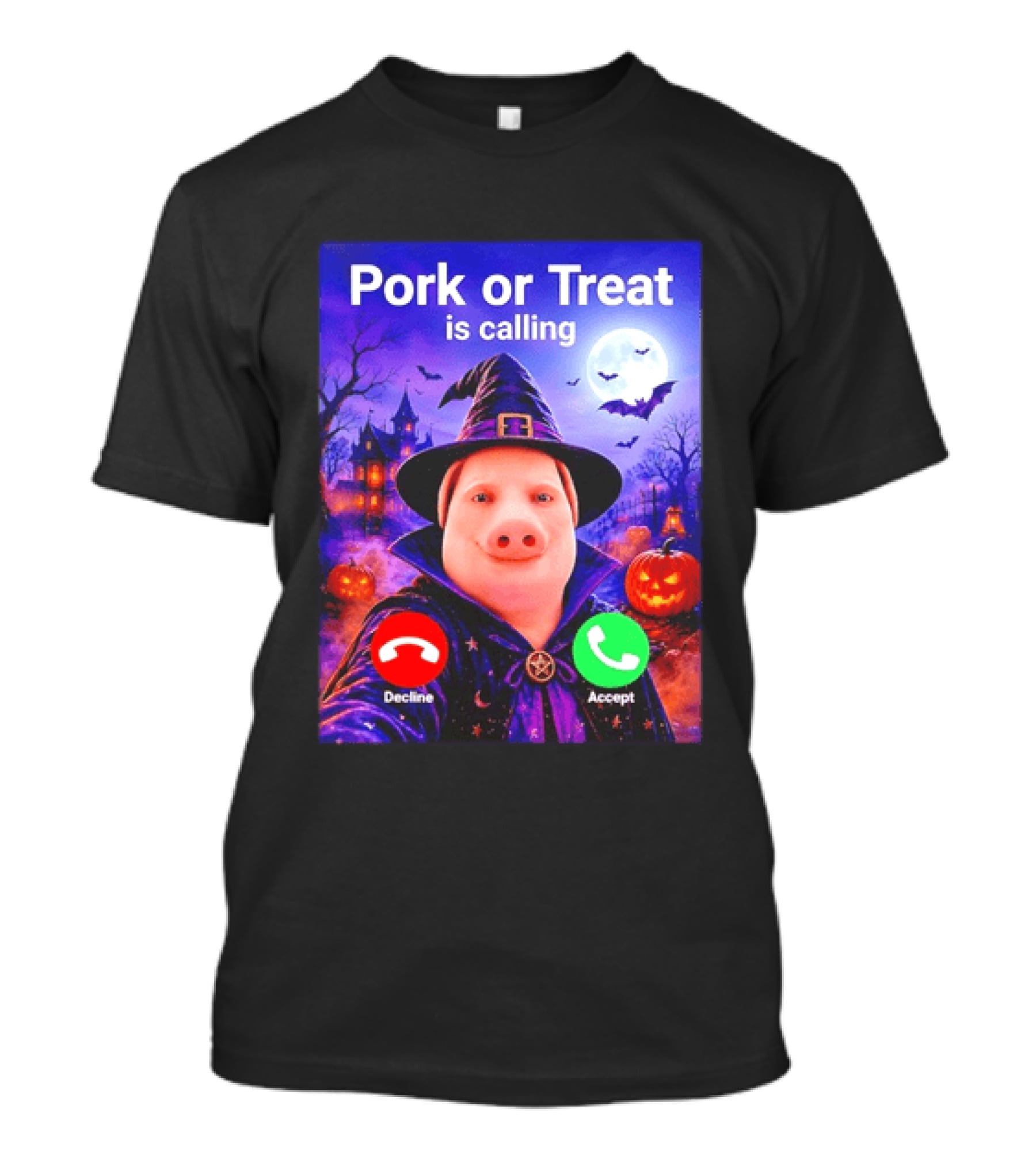 Pork Or Treat Is Calling Halloween Witch Pig Costume Moon Pumpkins T-Shirt