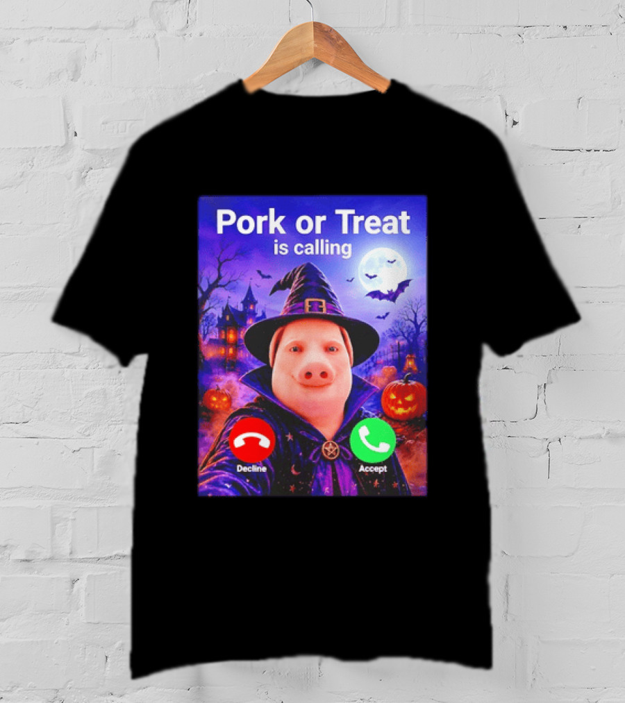 Pork Or Treat Is Calling Halloween Witch Pig Costume Moon Pumpkins T-Shirt