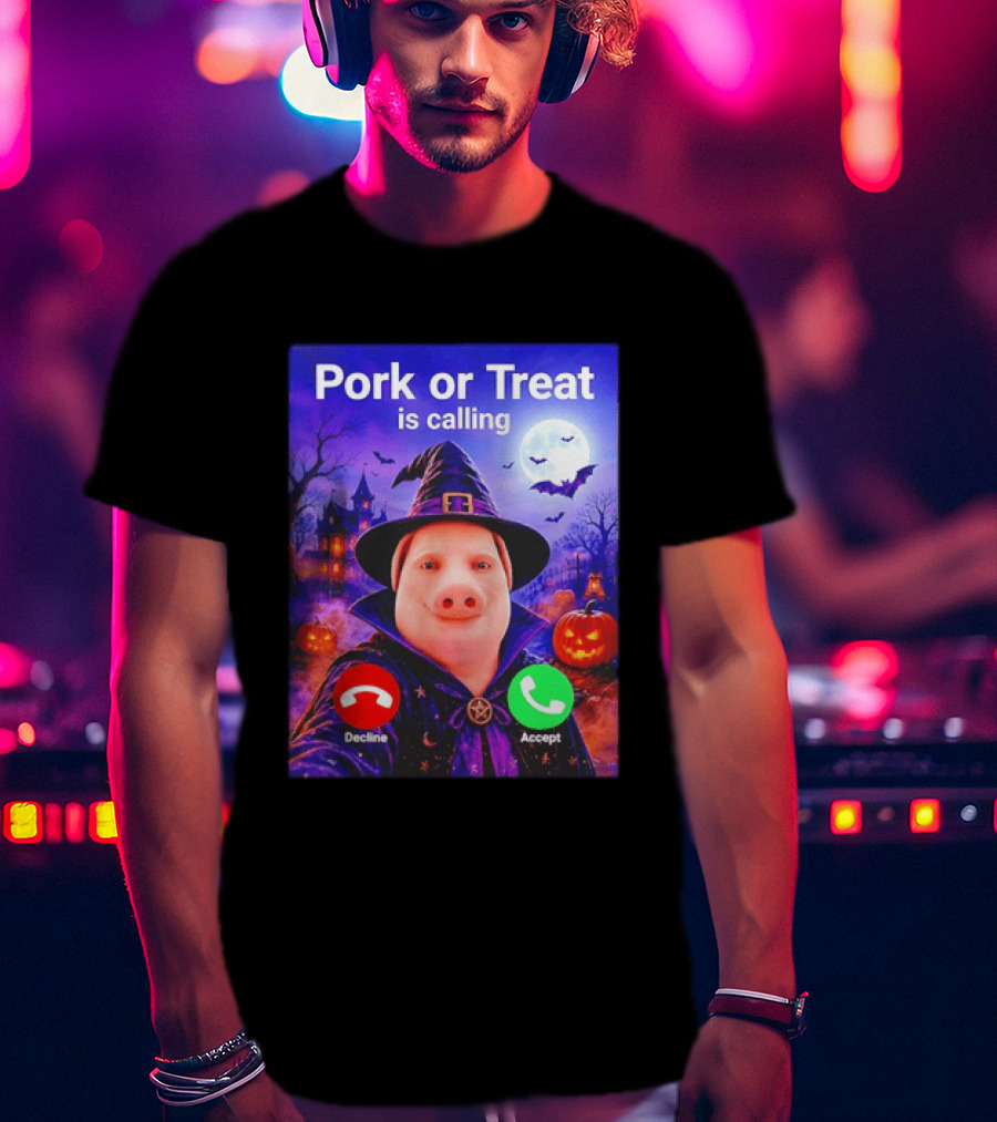 Pork Or Treat Is Calling Halloween Witch Pig Costume Moon Pumpkins T-Shirt