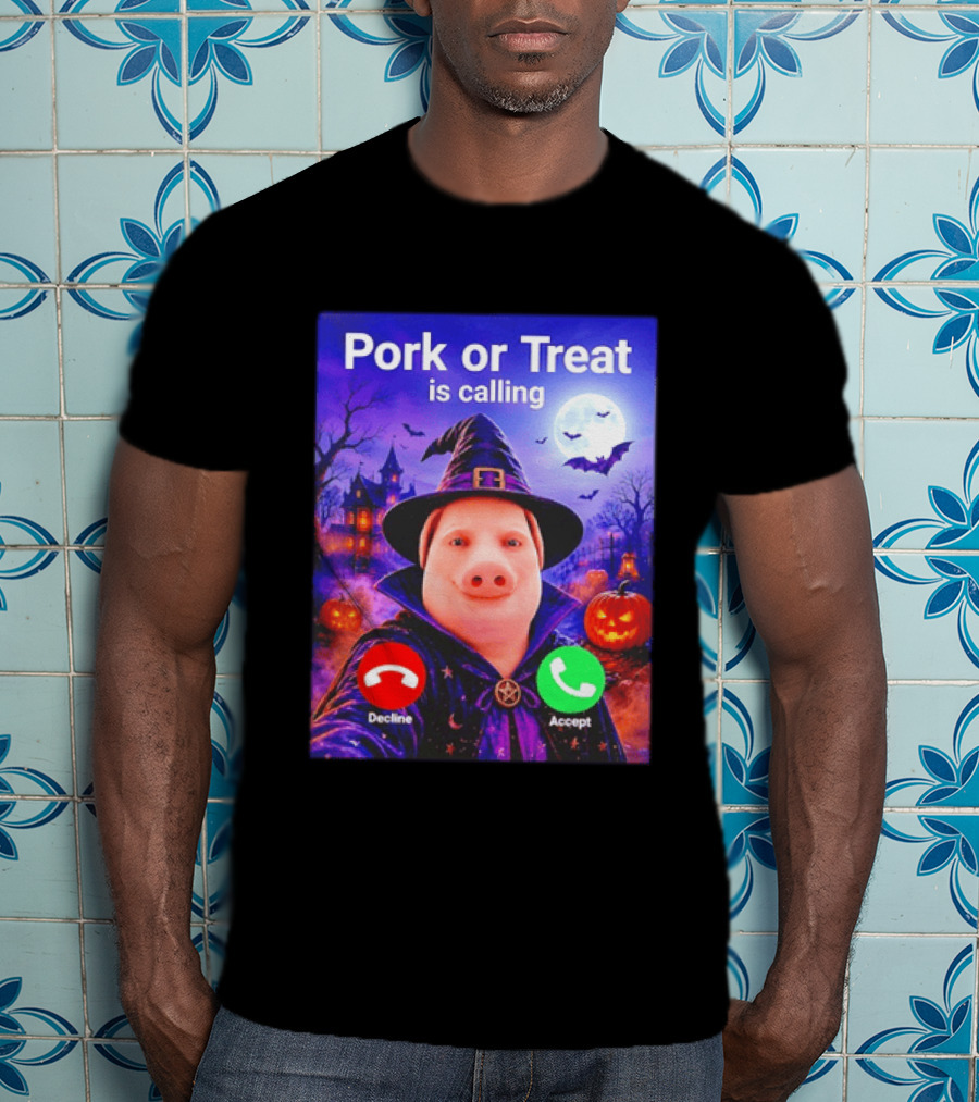 Pork Or Treat Is Calling Halloween Witch Pig Costume Moon Pumpkins T-Shirt