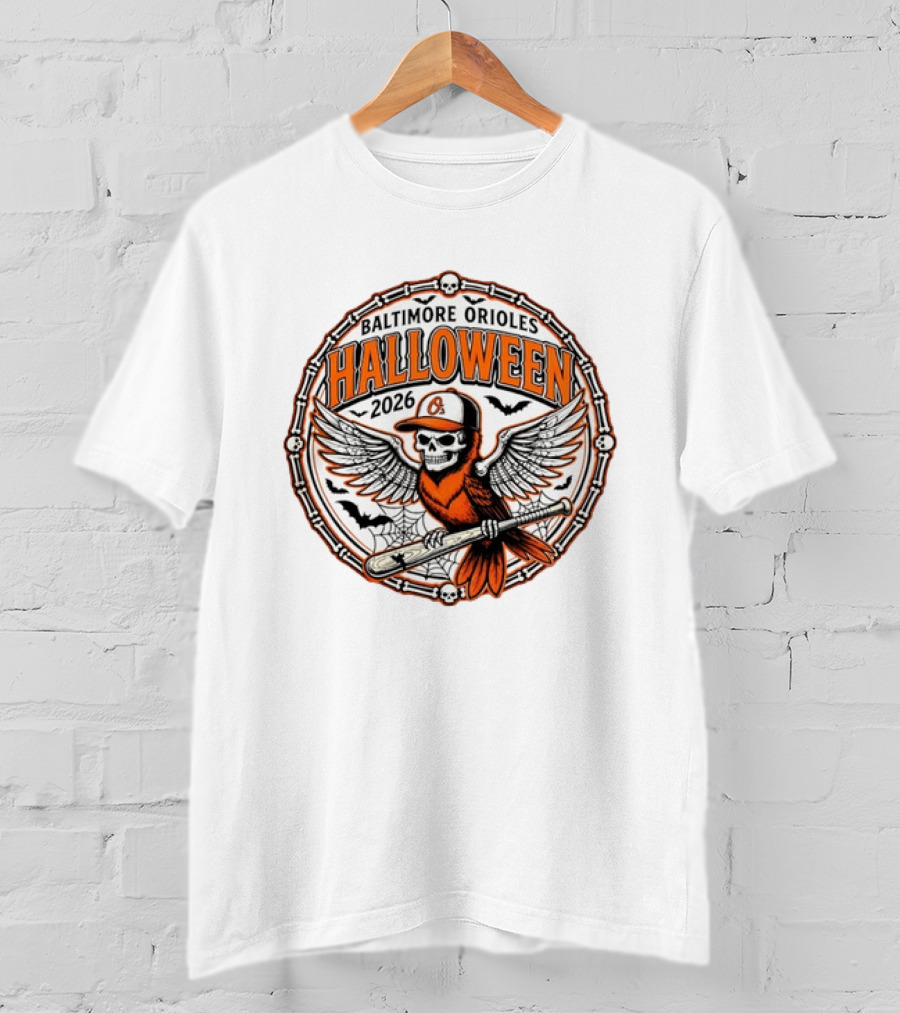 Baltimore Orioles Halloween 2026 Skeleton Bird Bat Wings T-Shirt