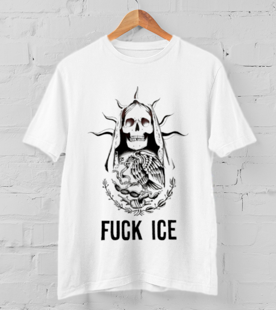 Skull With Spiked Hair And Laurel Wreath On Fuck Ice Protest T-Shirt