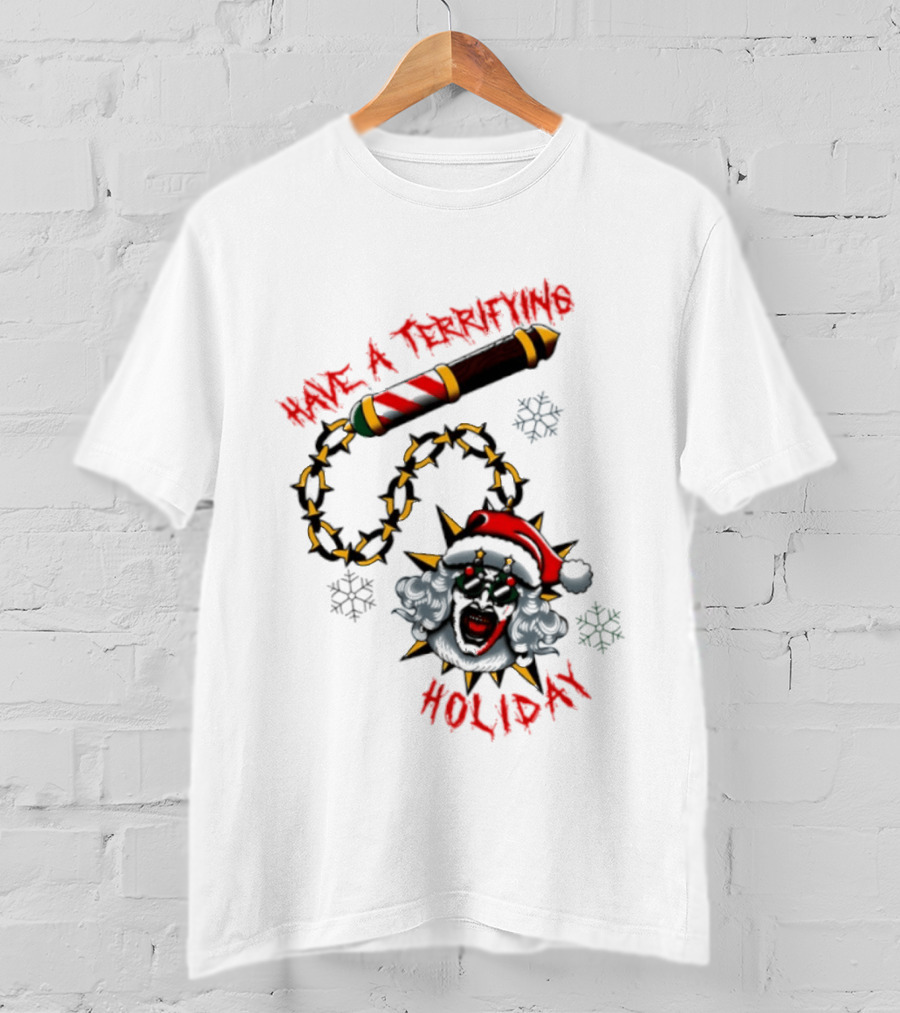 Terrifying Holiday Santa Clown With Spiked Barber Pole Chain T-Shirt