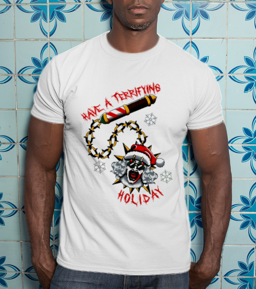 Terrifying Holiday Santa Clown With Spiked Barber Pole Chain T-Shirt