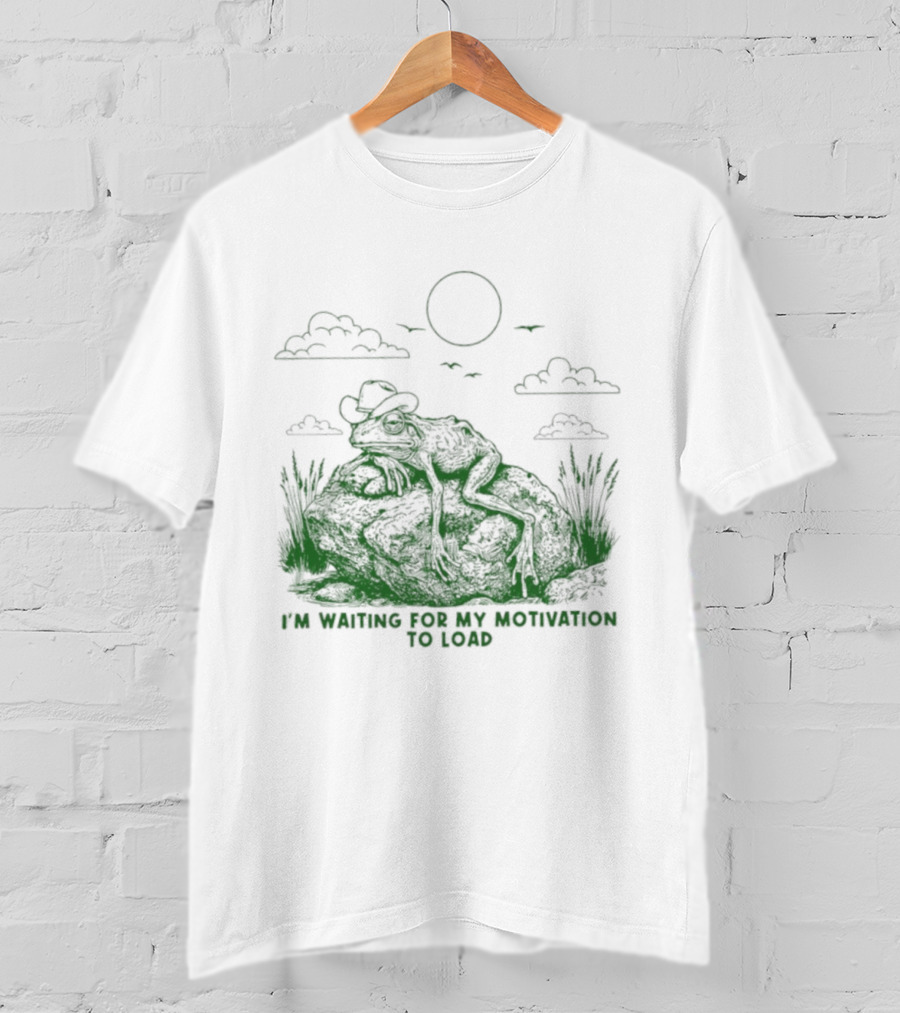 I'm Waiting For My Motivation To Load Cowboy Frog Sun Clouds T-Shirt