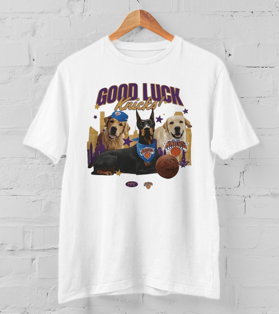 Good Luck Knicks NY Basketball Dogs With Skyline And Stars T-Shirt