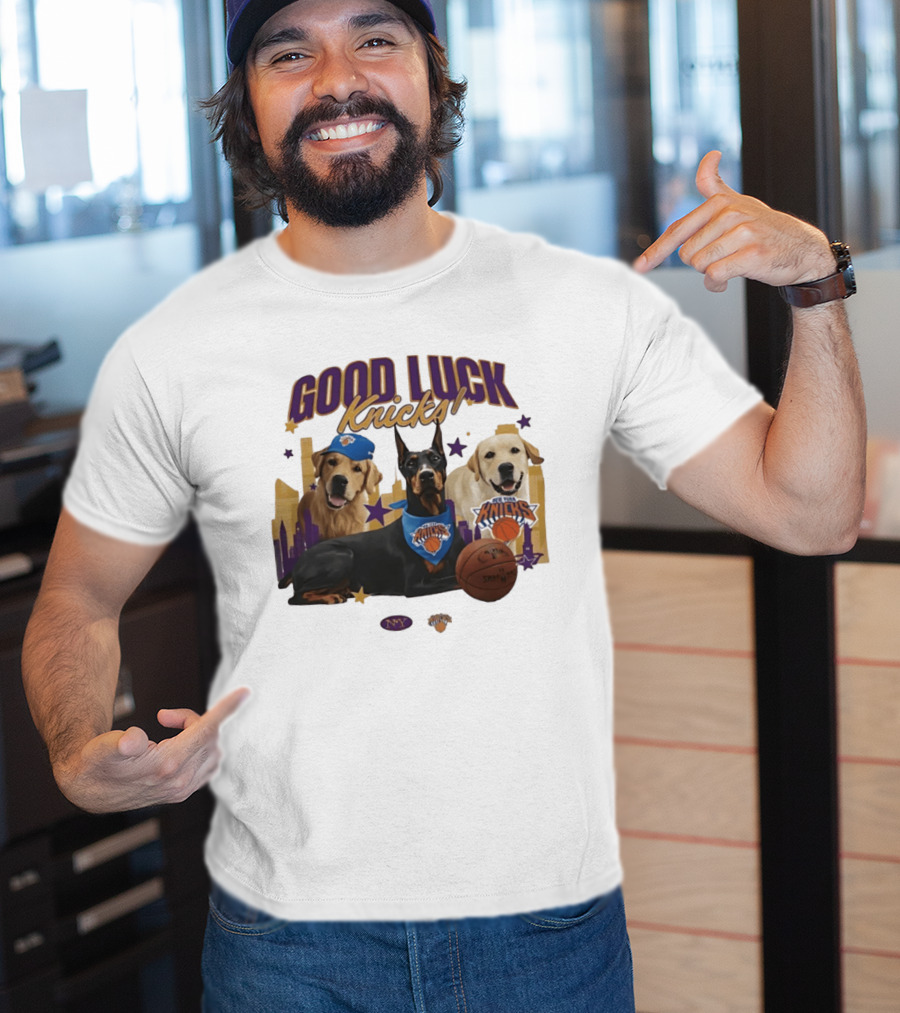 Good Luck Knicks NY Basketball Dogs With Skyline And Stars T-Shirt
