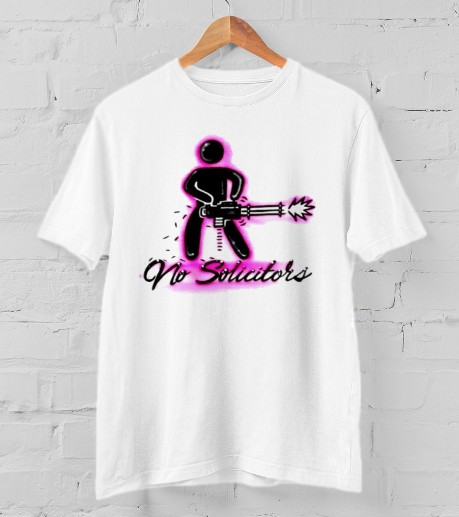 No Solicitors Stick Figure Minigun Comic T-Shirt